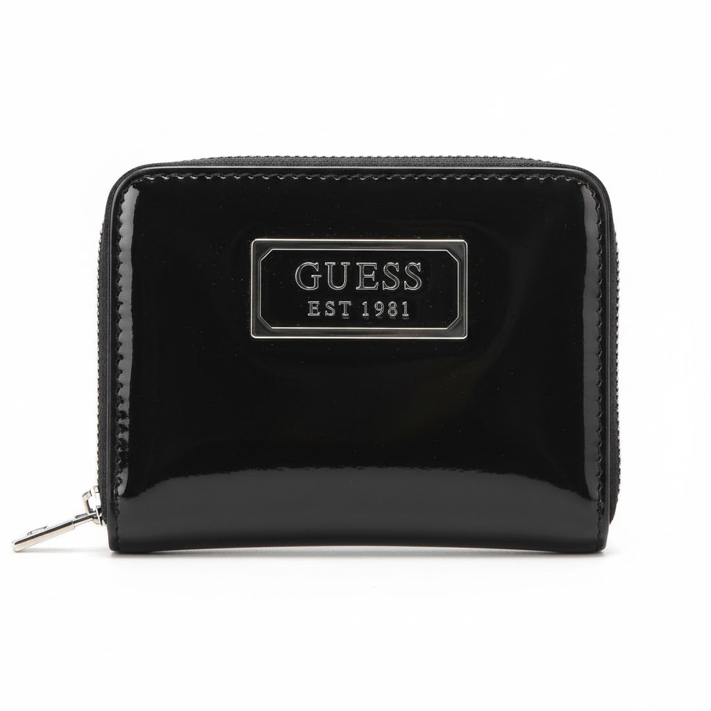 GUESS Black Patent Zip-Around Wallet with Metal Logo Plaque ⚫️✨🔒