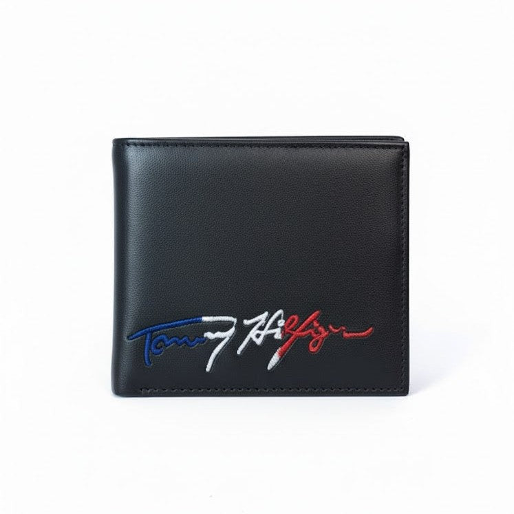 Tommy Hilfiger Embroidered Signature Black Leather Wallet 🖋️⚫️💳