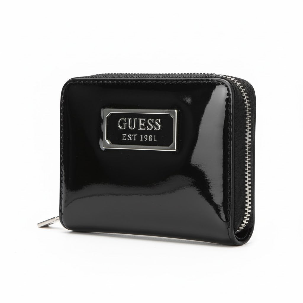 GUESS Black Patent Zip-Around Wallet with Metal Logo Plaque ⚫️✨🔒