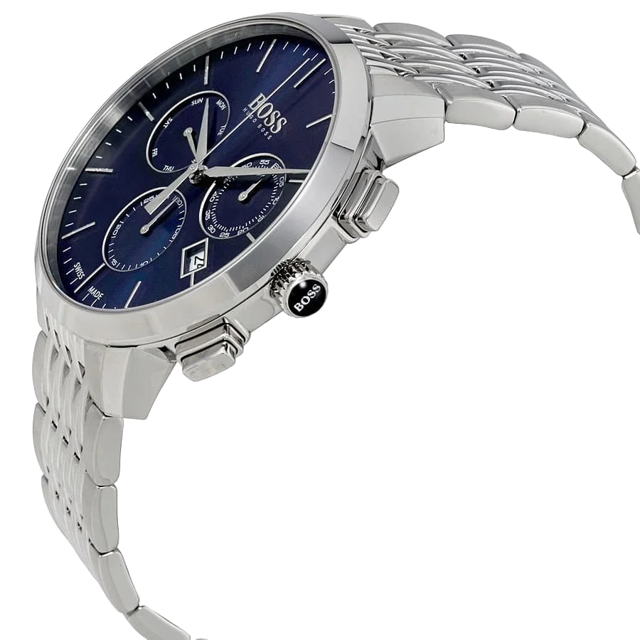 BOSS Men's Chronograph Watch: Classic Blue Dial & Silver Bracelet 💙✨🗓️