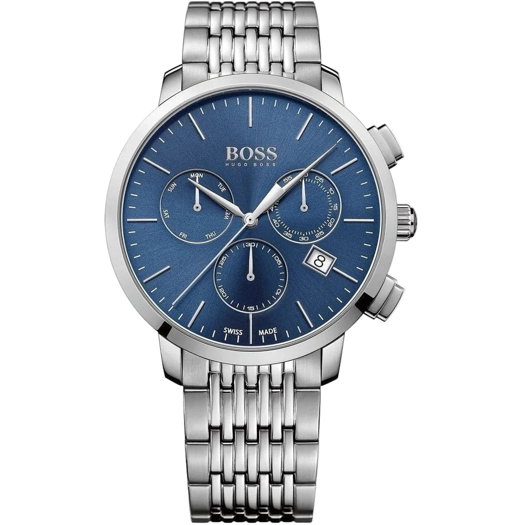 BOSS Men's Chronograph Watch: Classic Blue Dial & Silver Bracelet 💙✨🗓️