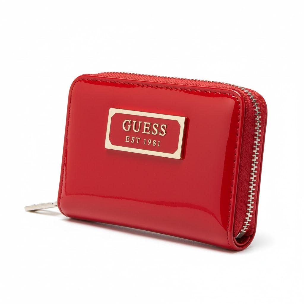 GUESS Red Patent Zip-Around Wallet with Metal Logo Plaque ❤️✨🔒