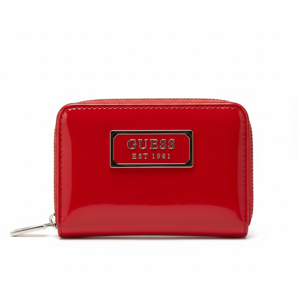 GUESS Red Patent Zip-Around Wallet with Metal Logo Plaque ❤️✨🔒