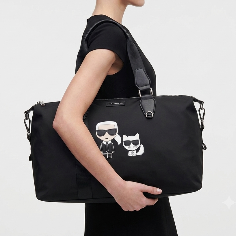 Karl Lagerfeld Nylon Travel Bag with Karl and Choupette Graphic