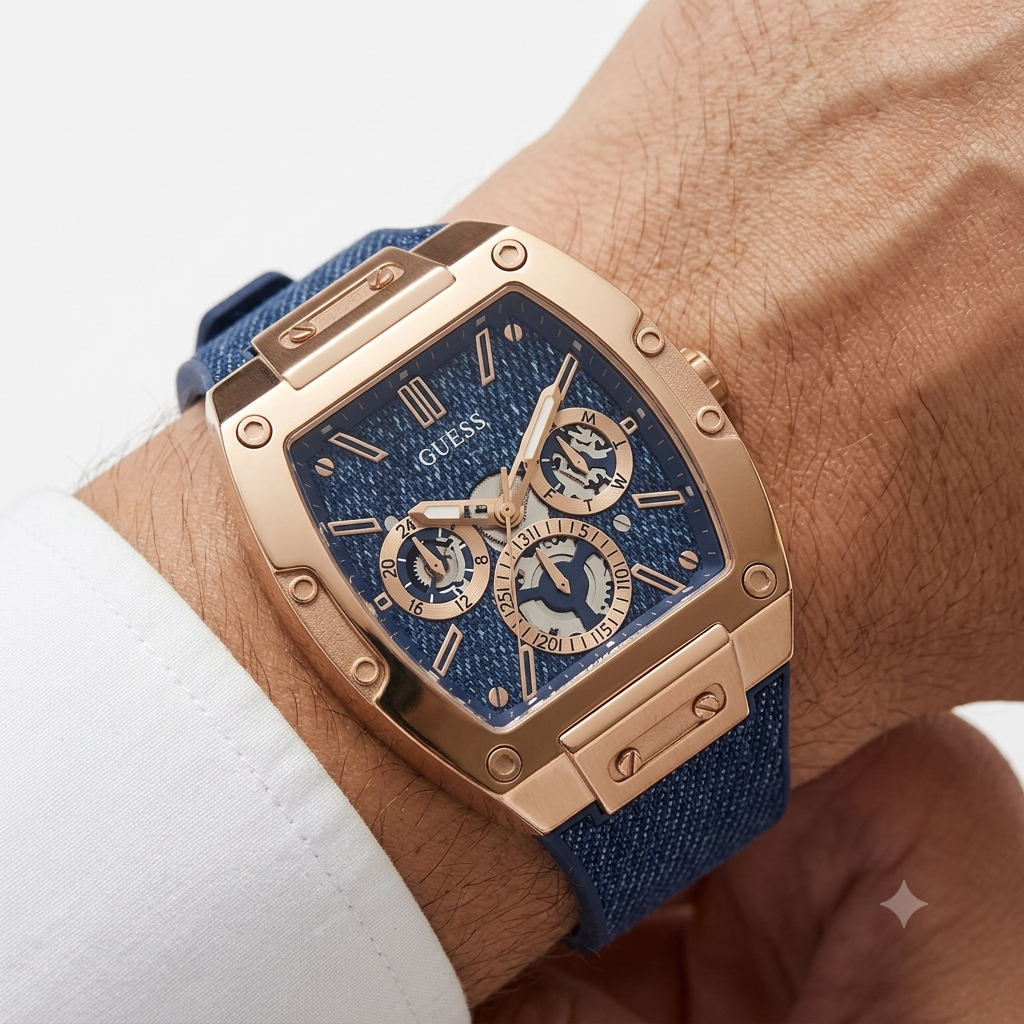 Guess Denim Strap Rose Gold Tone Chronograph Watch