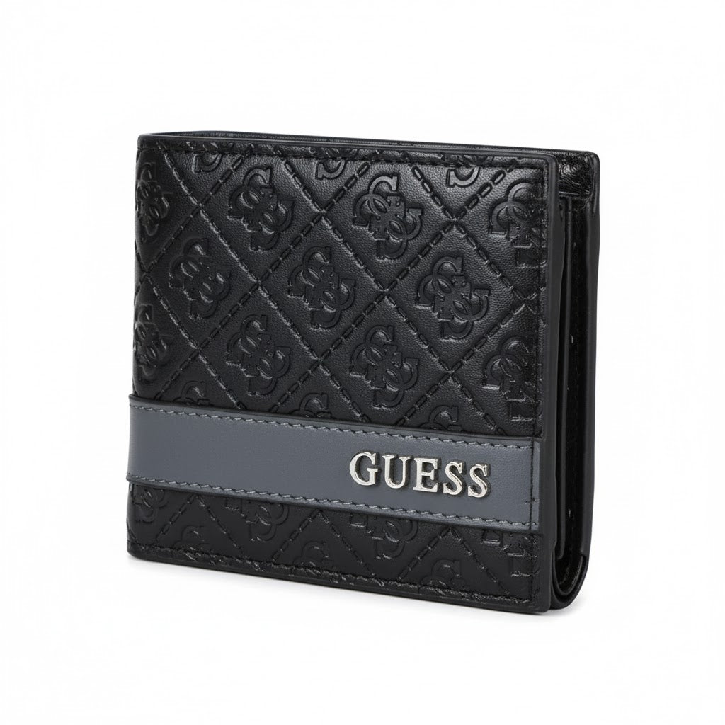 GUESS Quilted Monogram Black Bifold Wallet with Gray Stripe ⚫️💎💳