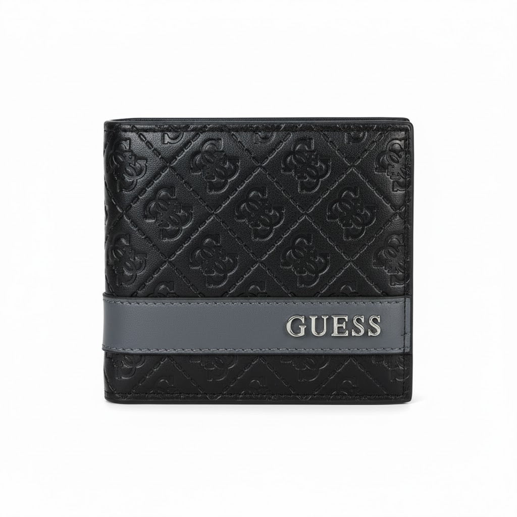 GUESS Quilted Monogram Black Bifold Wallet with Gray Stripe ⚫️💎💳
