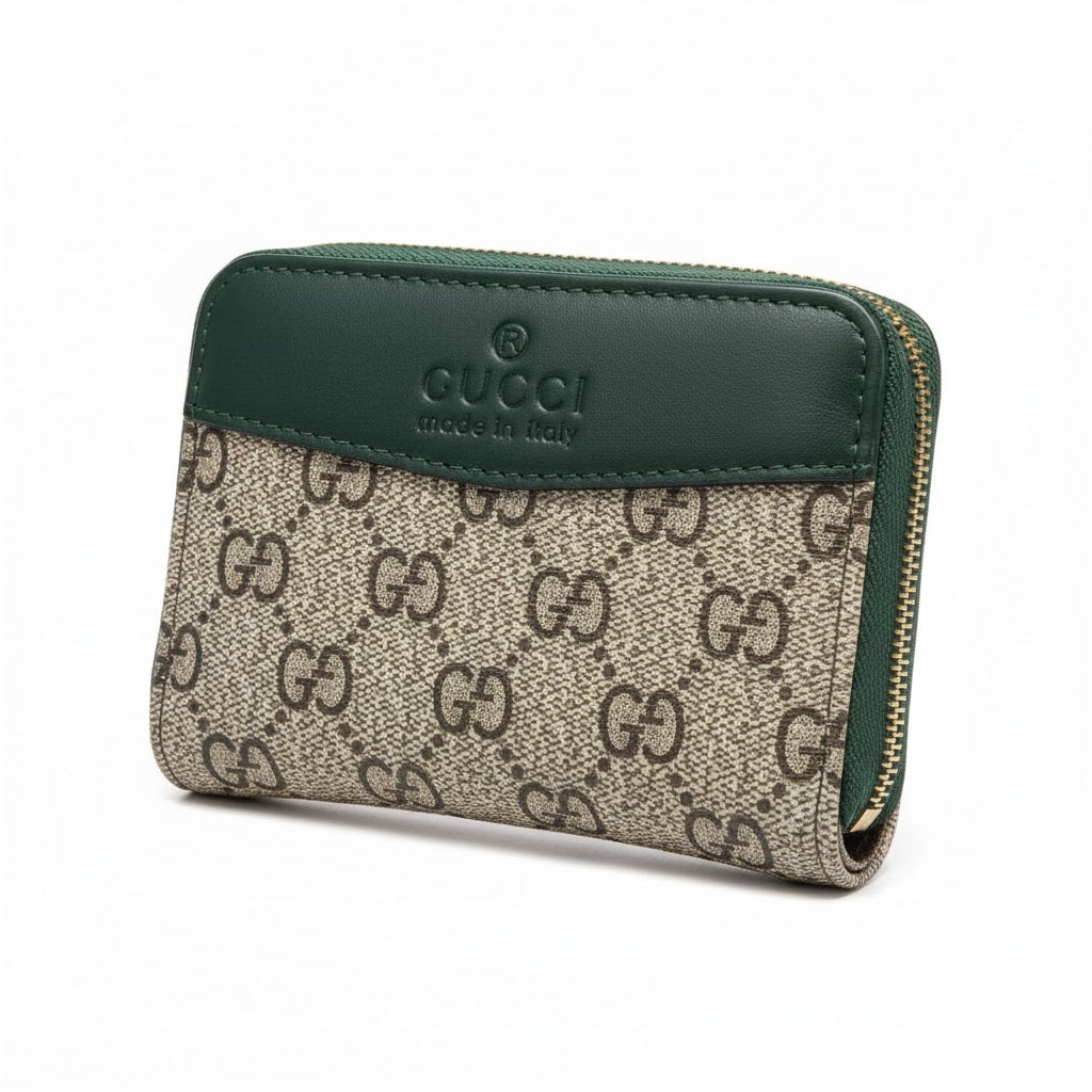 Gucci GG Supreme Canvas Zip-Around Wallet with Green Leather Trim 🇮🇹💚🔒