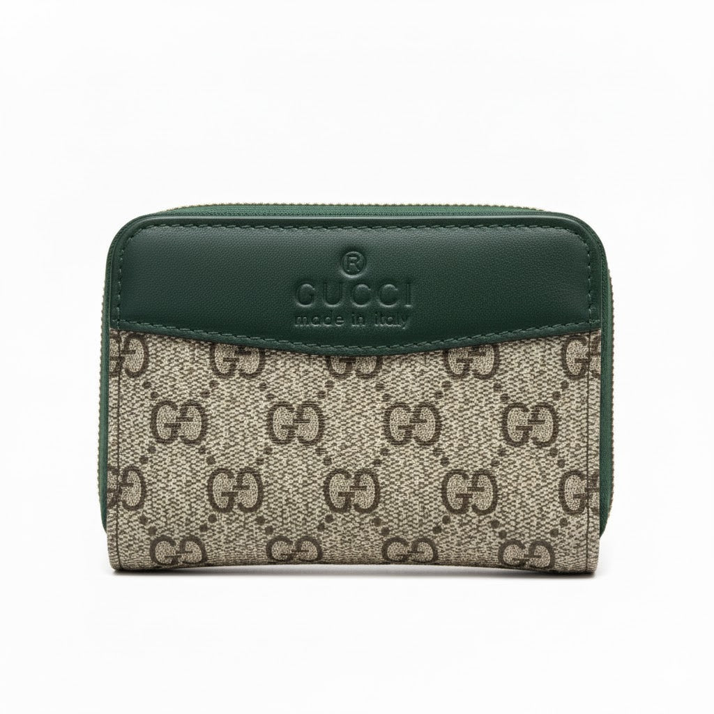Gucci GG Supreme Canvas Zip-Around Wallet with Green Leather Trim 🇮🇹💚🔒