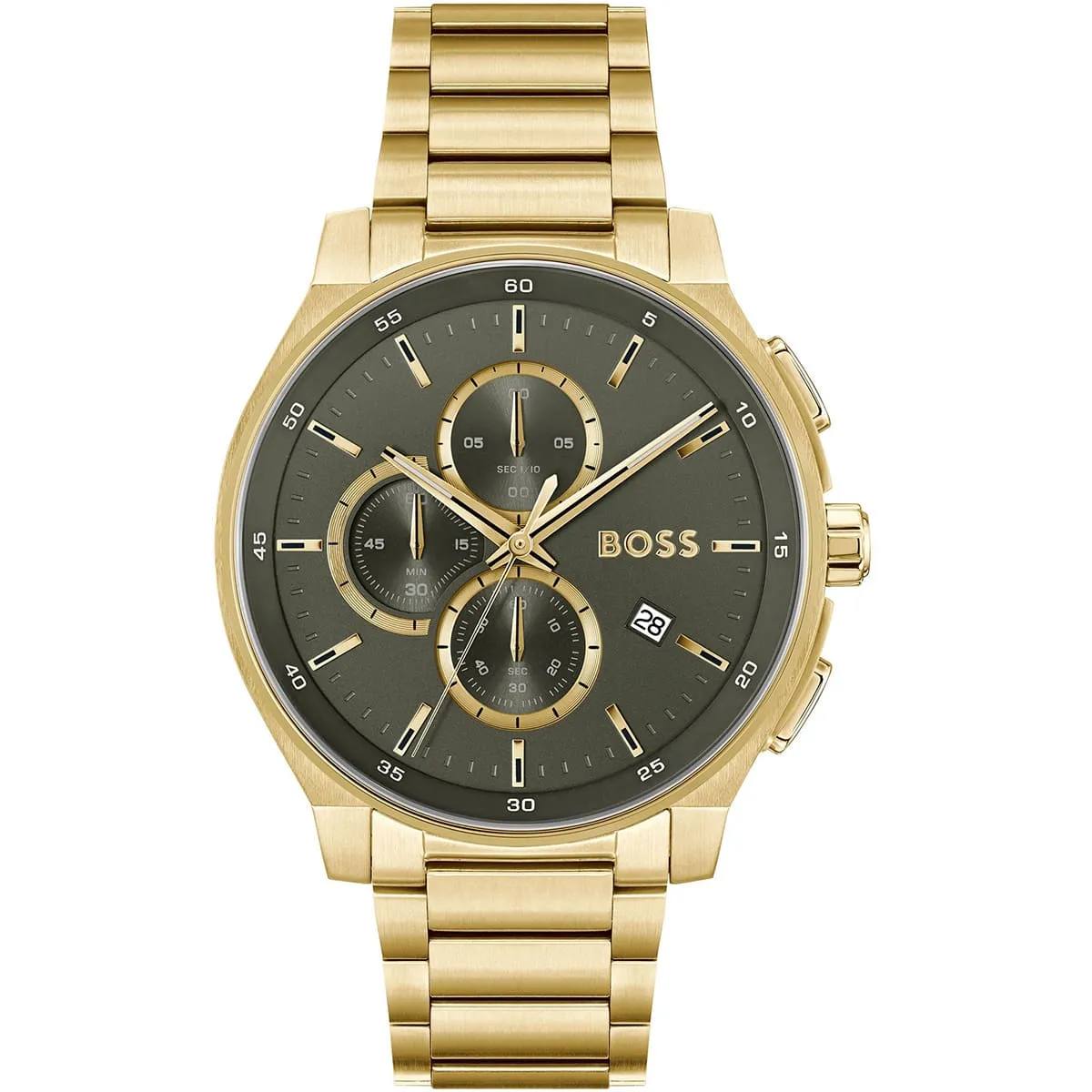BOSS Men's Chronograph Gold-Tone Watch with Olive Dial ⌚✨👑