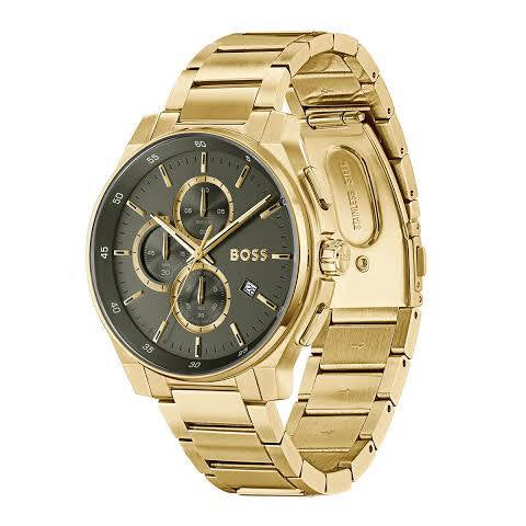 BOSS Men's Chronograph Gold-Tone Watch with Olive Dial ⌚✨👑