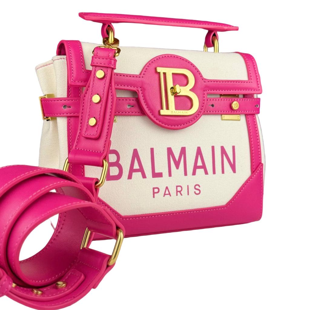 Balmain B-Army Canvas & Leather Shoulder Bag in Fuchsia & Ivory 💖✨👜