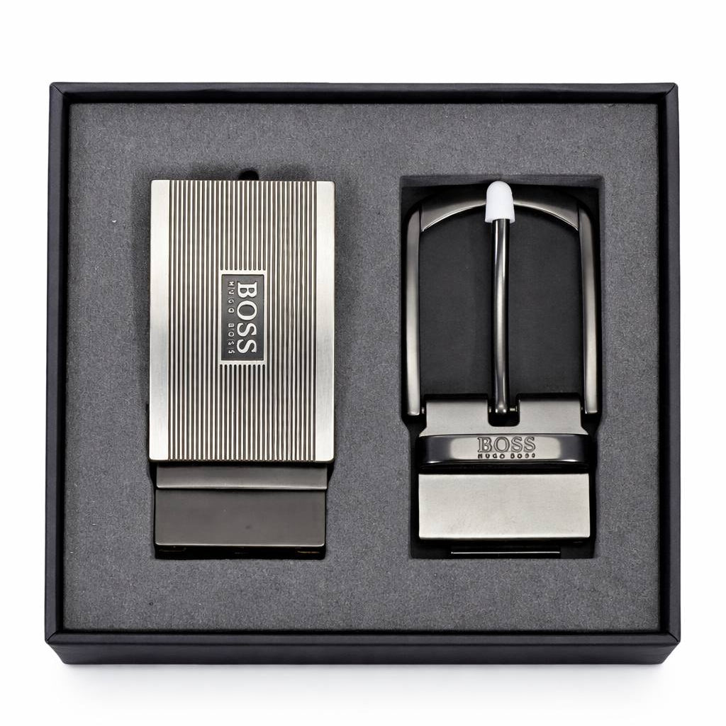 BOSS Men's Black Leather Reversible Belt Gift Set with Interchangeable Buckles 💼✨🎁