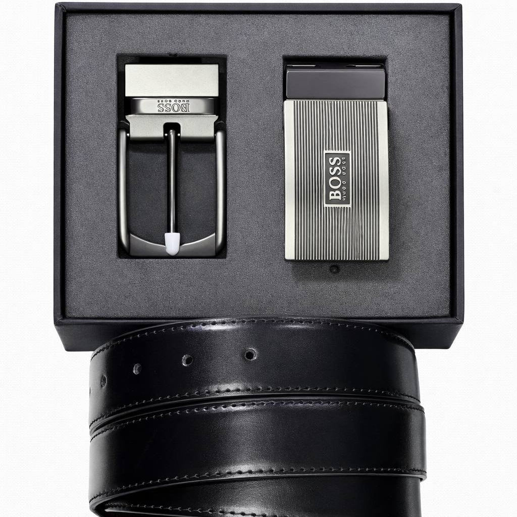 BOSS Men's Black Leather Reversible Belt Gift Set with Interchangeable Buckles 💼✨🎁