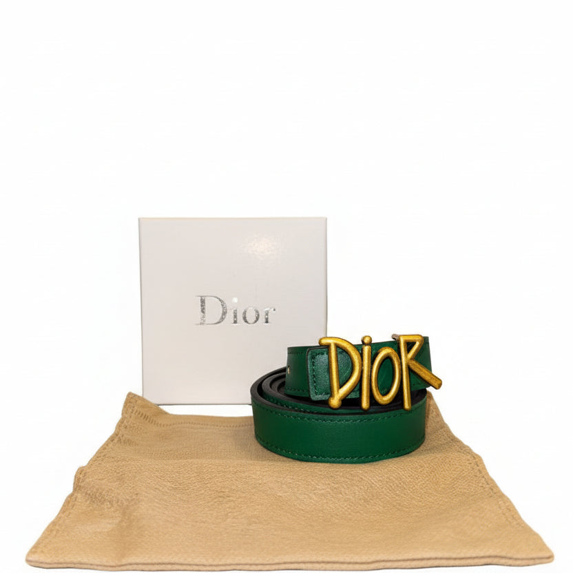 Dior Reversible Green Leather Belt with Gold-Tone Logo Buckle 🌿✨👜
