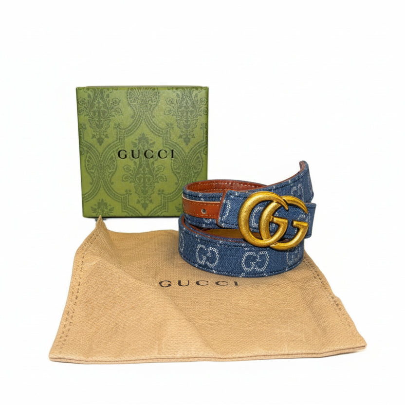 Gucci GG Marmont Monogram Denim Belt with Gold Buckle 👖✨👜