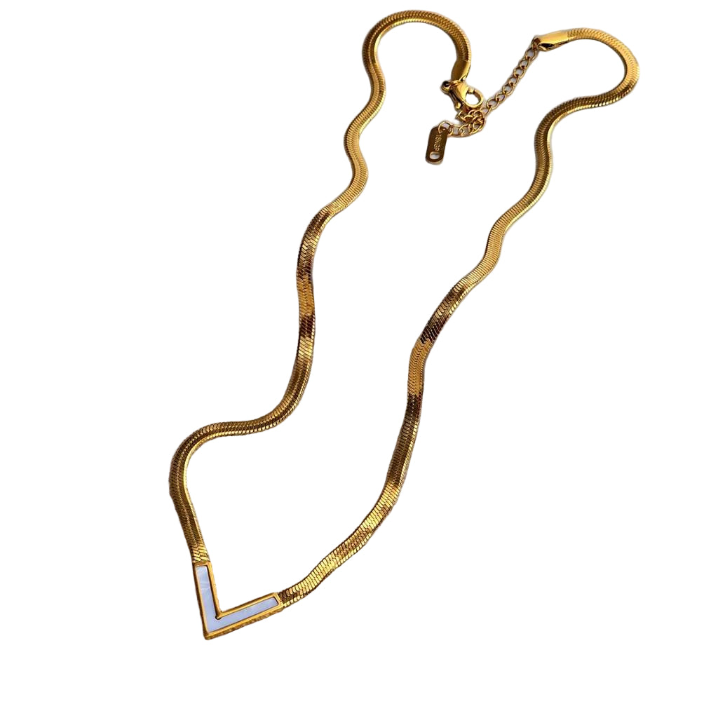 Gold-Tone Herringbone Chain Necklace with White V-Accent ✨🌟🤍