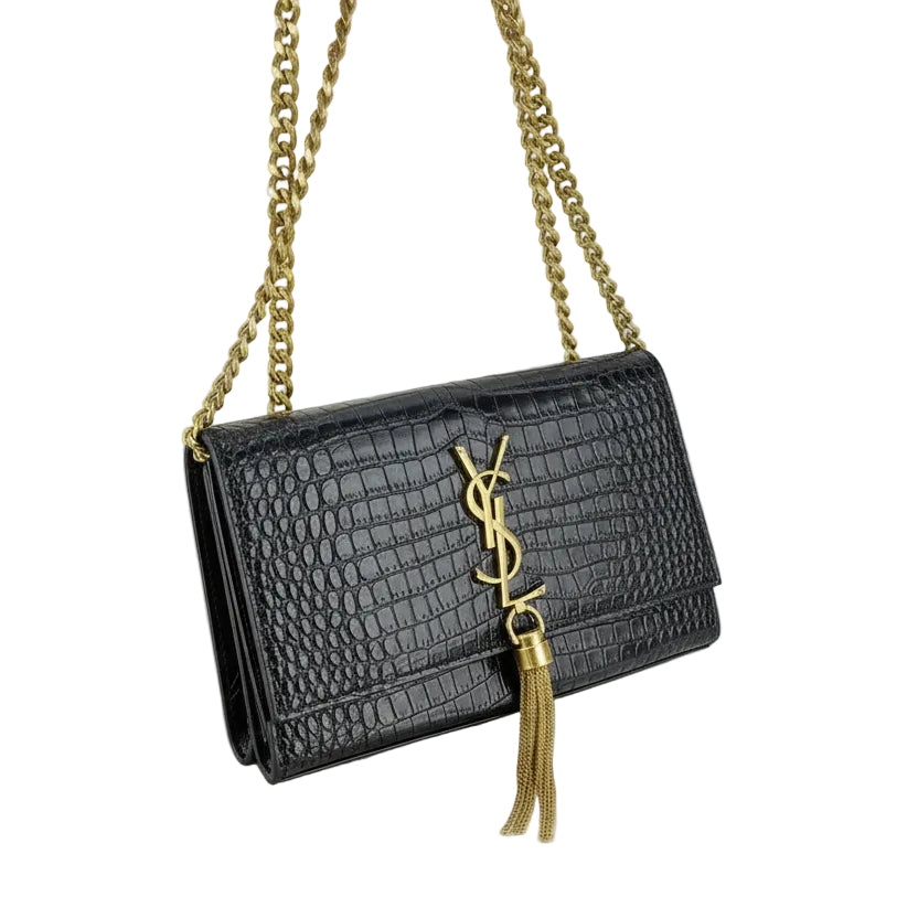 Saint Laurent Kate Tassel Shoulder Bag in Black Crocodile Embossed Leather 🖤✨👜