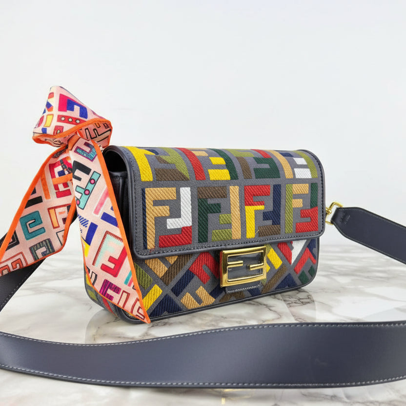 Fendi Baguette Shoulder Bag in Multicolor Embroidered FF Fabric 👜🎨✨