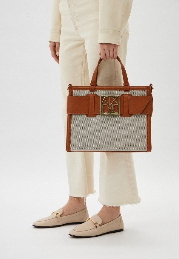 💼 Armani Exchange Two-Tone Tote Gold Logo Buckle ✨🤍🤎