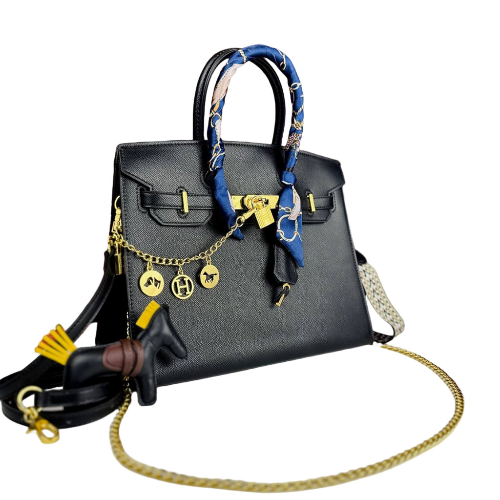 Hermès Birkin Style Grained Leather Satchel Black Horse Charms 🐴🖤✨