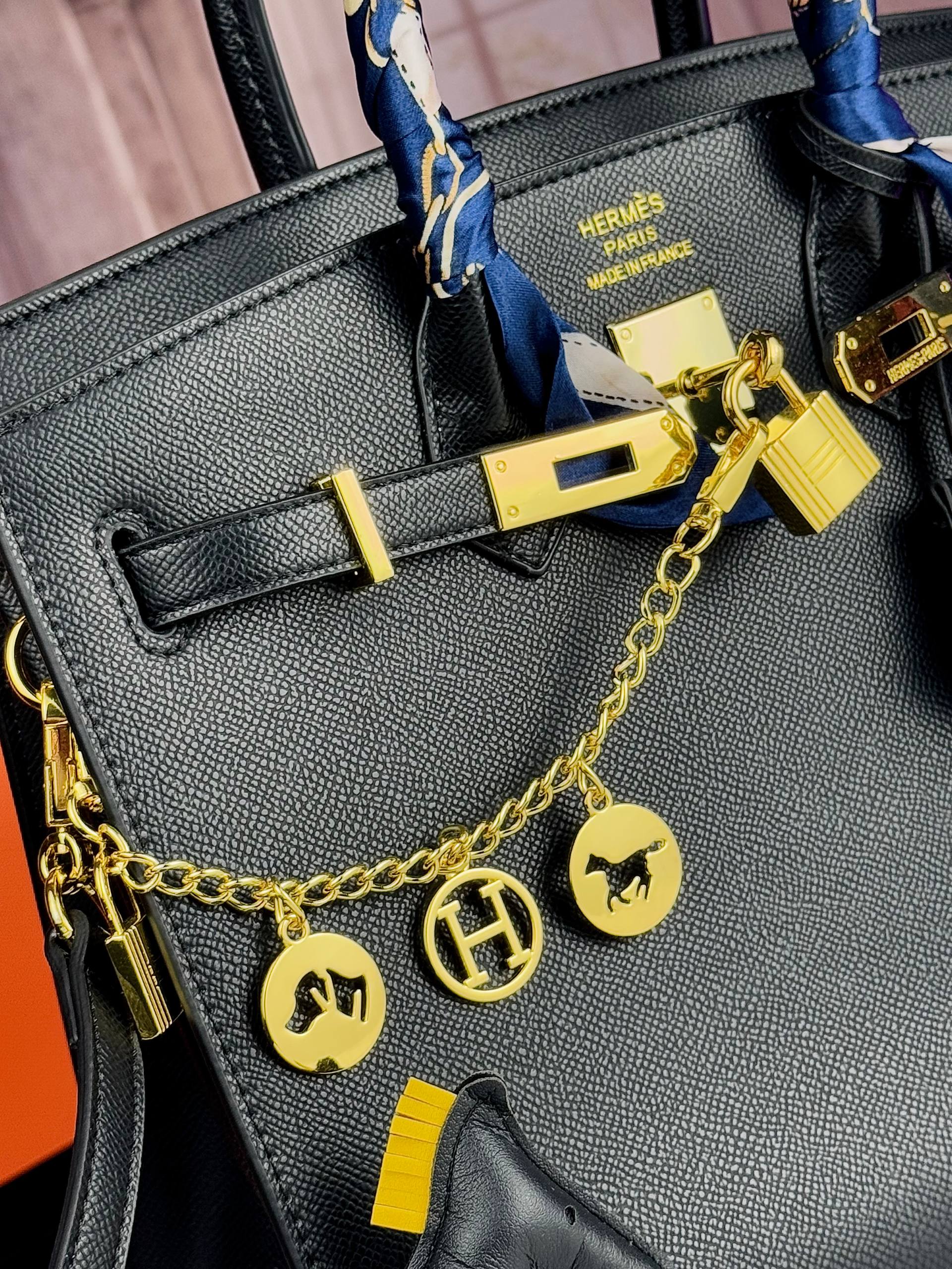 Hermès Birkin Style Grained Leather Satchel Black Horse Charms 🐴🖤✨