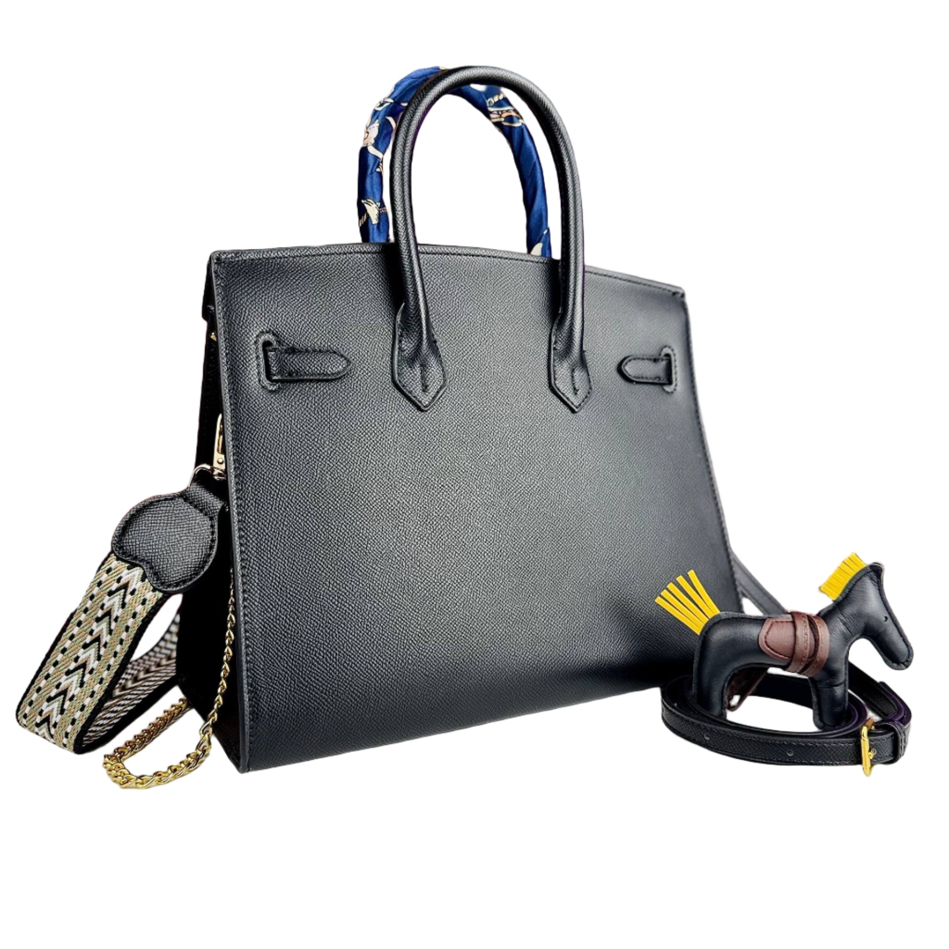 Hermès Birkin Style Grained Leather Satchel Black Horse Charms 🐴🖤✨