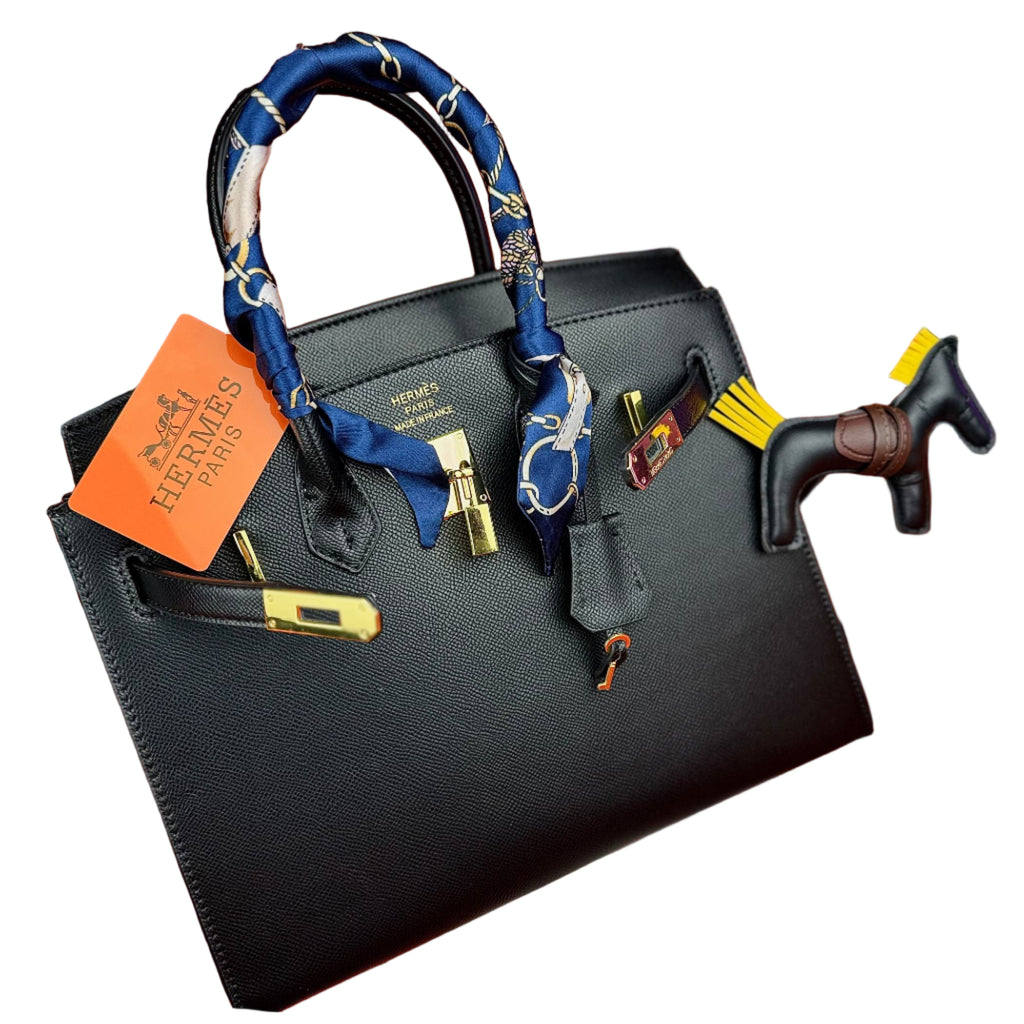 Hermès Birkin Style Grained Leather Satchel Black Horse Charms 🐴🖤✨