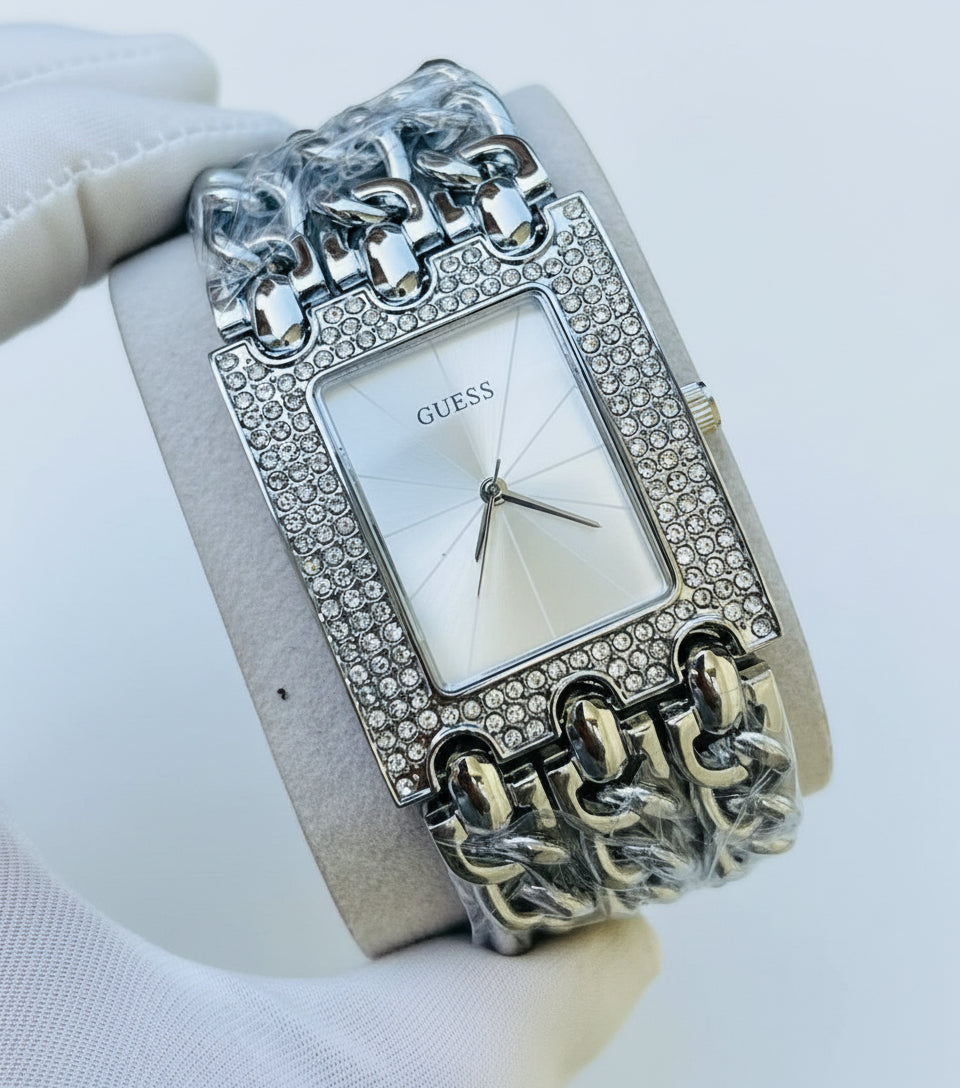 Guess Silver-Tone Crystal Rectangular Watch 💎🤍✨