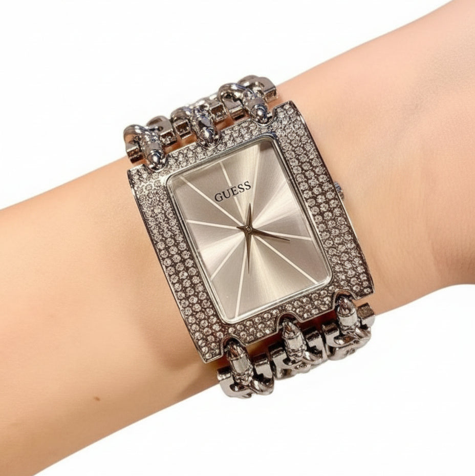 Guess Silver-Tone Crystal Rectangular Watch 💎🤍✨