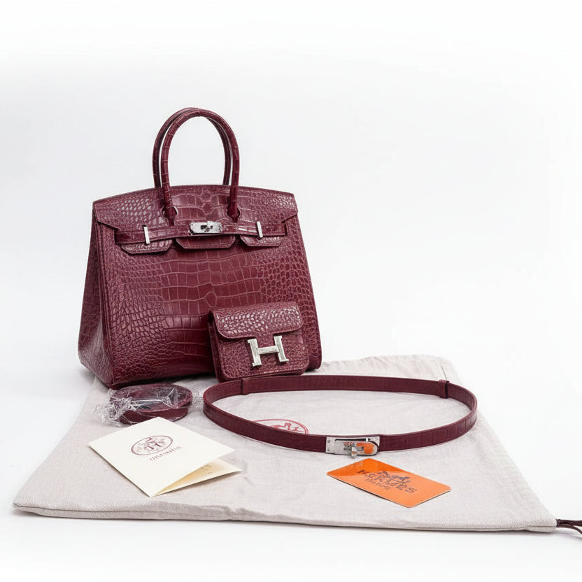Hermes Crocodile Pattern Handbag Set with Matching Wallet and Belt 👜✨🍷