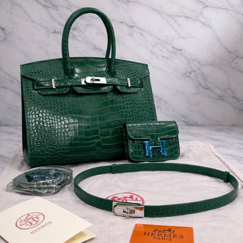 Hermes Crocodile Pattern Handbag Set with Matching Wallet and Belt 👜✨🍷