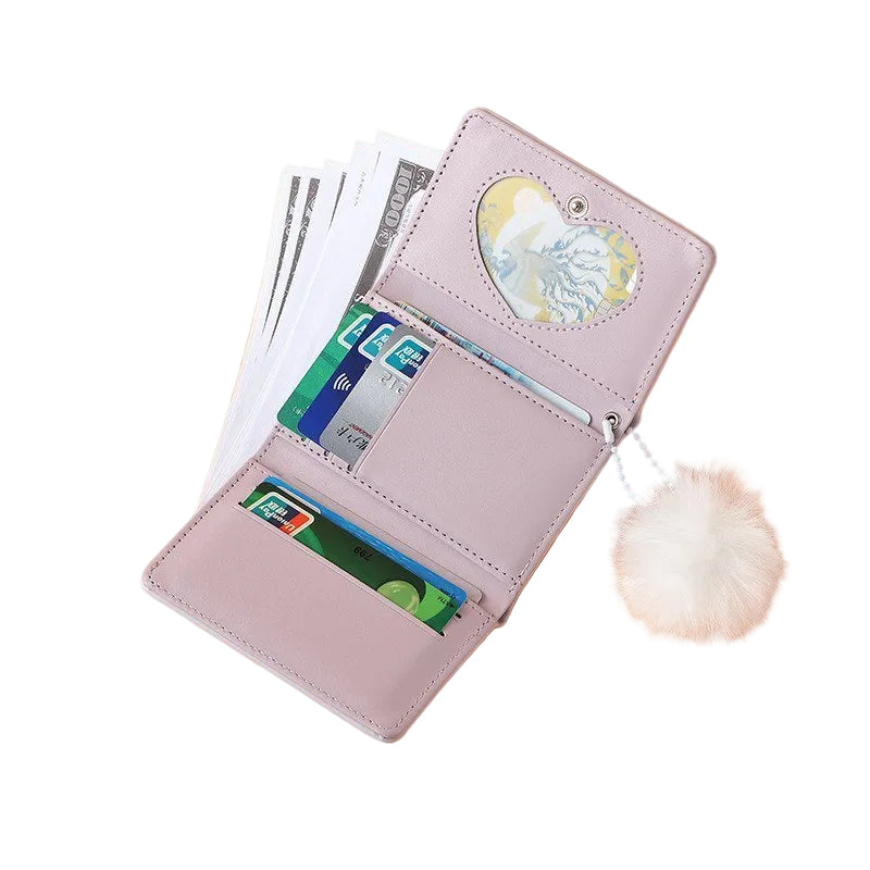Kawaii Cloud Embossed Trifold Wallet with Fluffy Pom Charm  💜🐰