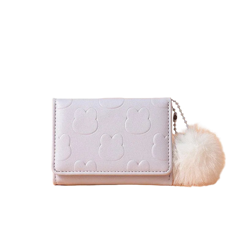Kawaii Cloud Embossed Trifold Wallet with Fluffy Pom Charm  💜🐰