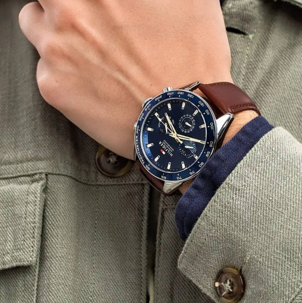 🇺🇸 Tommy Hilfiger Multifunction Watch: Navy Dial, Gold Tone Accents, Brown Leather Strap 💙✨