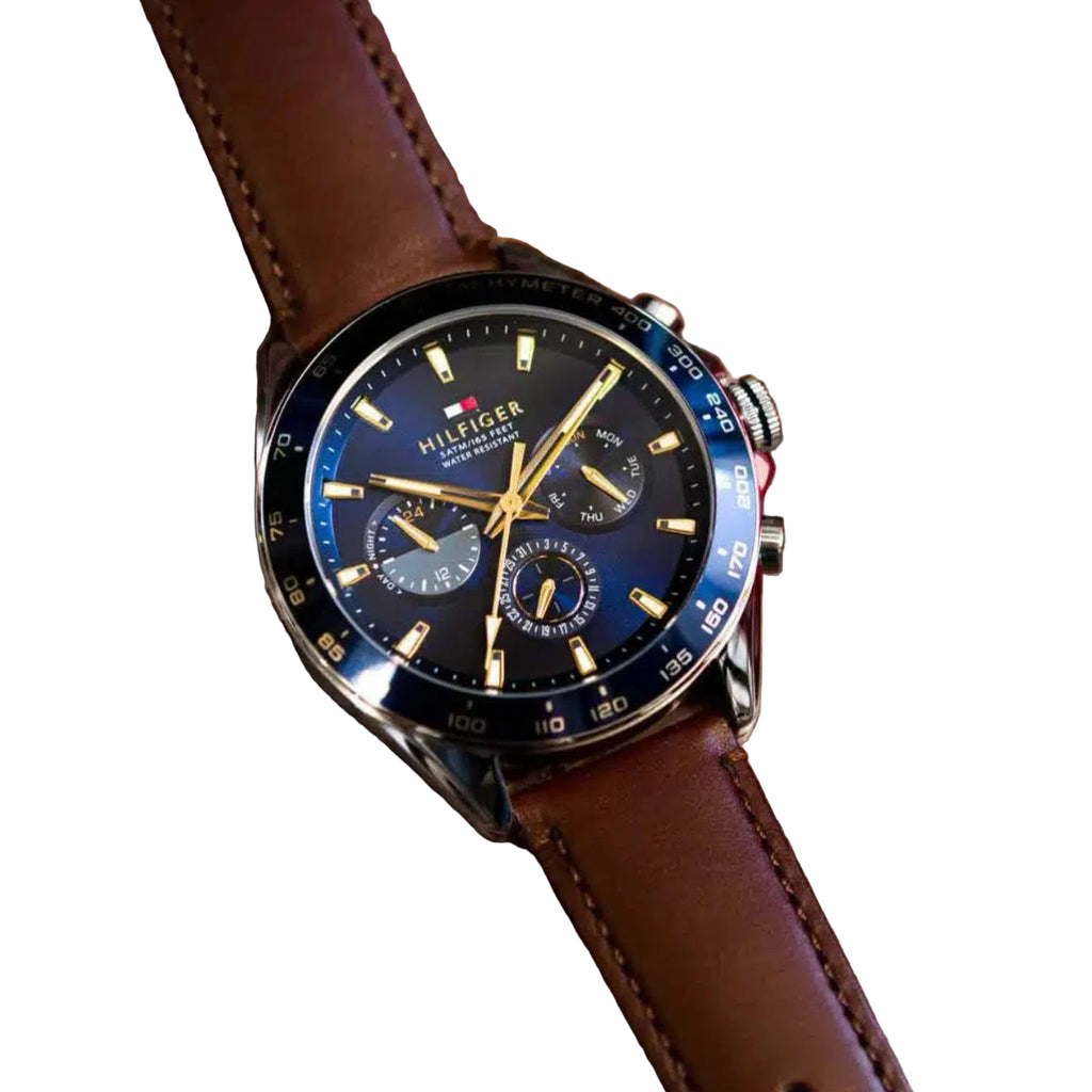 🇺🇸 Tommy Hilfiger Multifunction Watch: Navy Dial, Gold Tone Accents, Brown Leather Strap 💙✨