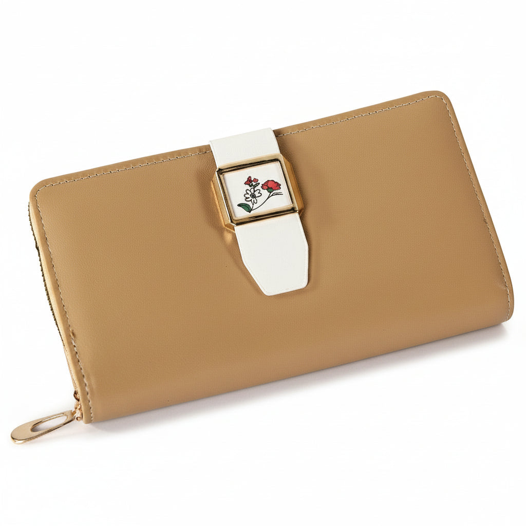 💖 Elegant Tan Zip Wallet with Floral Buckle Detail 🌸✨