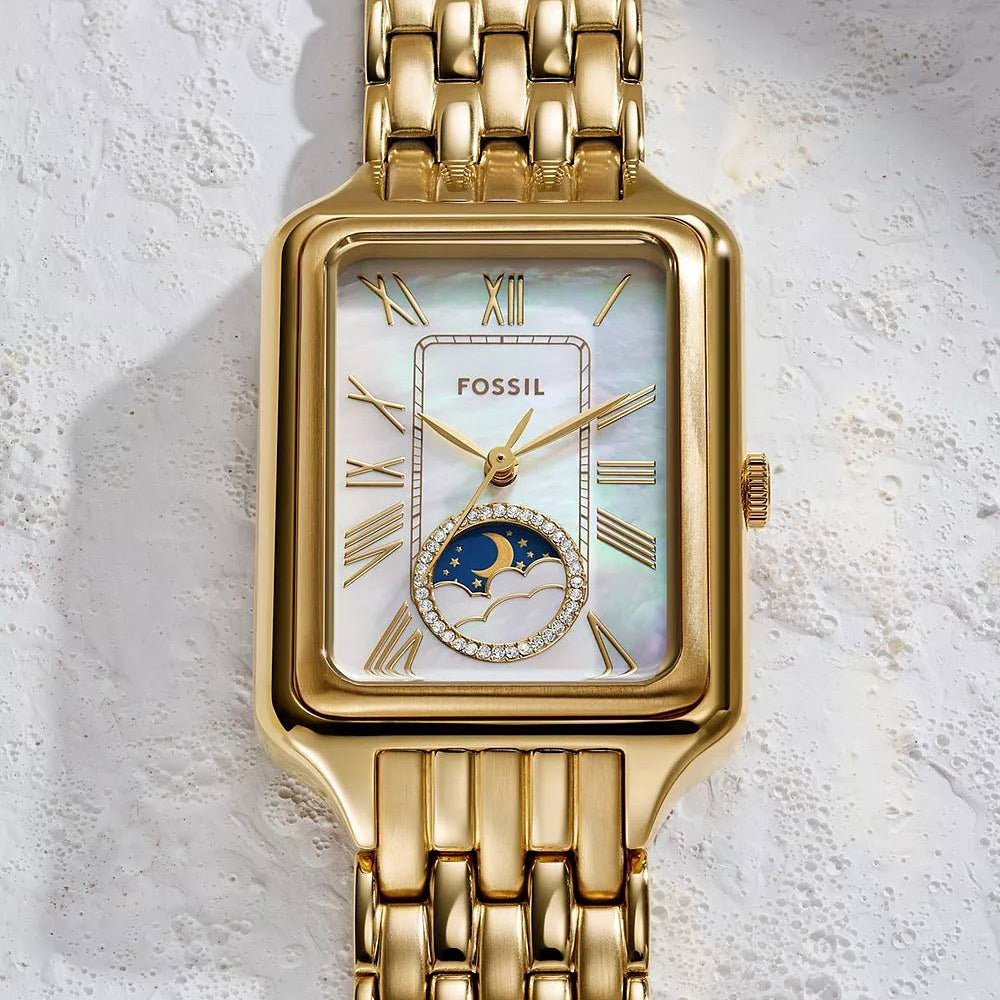 Fossil Gold-Tone Rectangular Women's Watch with Mother-of-Pearl Sun & Moon Dial 👑🕰️✨