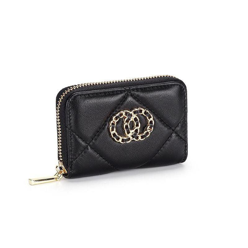 🖤 Quilted Black Leather Zip Wallet with Gold Chain Interlocking Rings 🔑