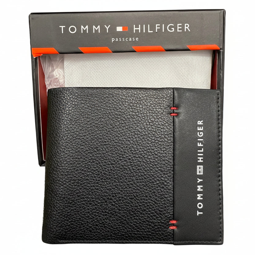 Tommy Hilfiger Leather Passcase Wallet with Red Stitch Detail 💼 🏷️ ✨