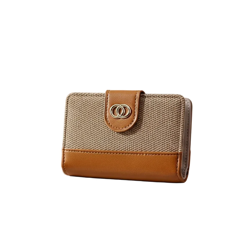 Elegant Canvas and Cognac Leather Bi-Fold Wallet with Gold Interlocking Ring Detail 👜✨👝
