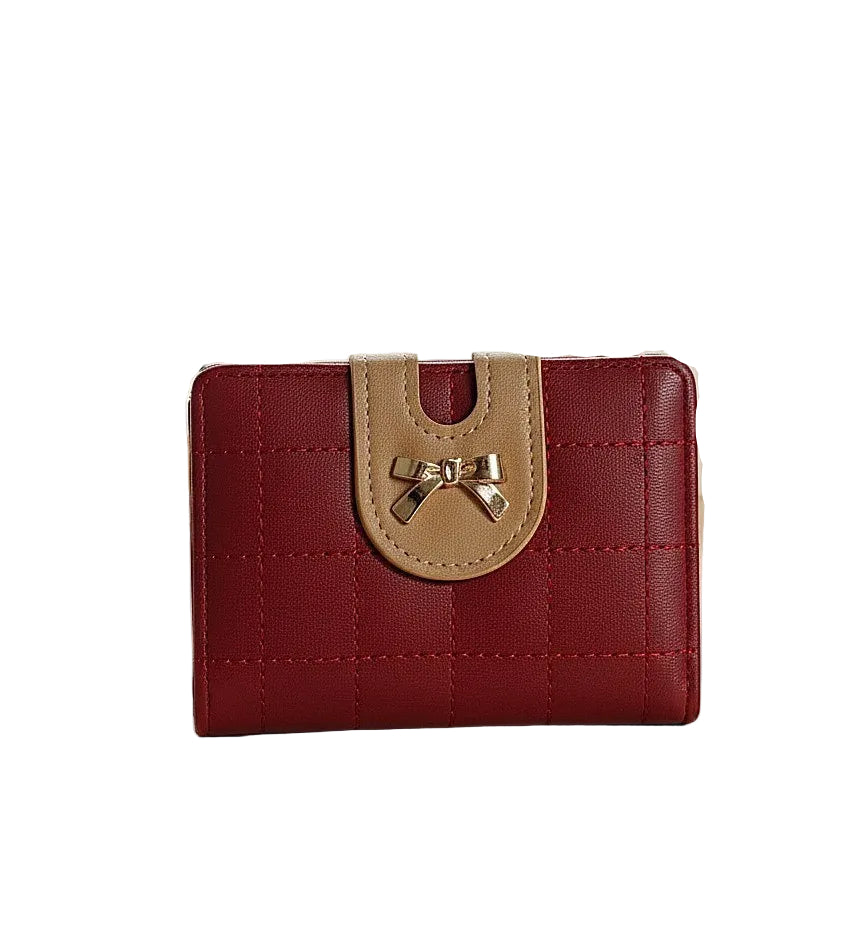 Quilted Burgundy Leatherette Small Wallet with Gold Bow Detail 🎀 ❤️ ✨