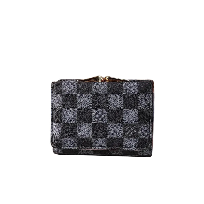 Elegant Damier Pattern Kiss-Lock Compact Wallet 🖤👜✨