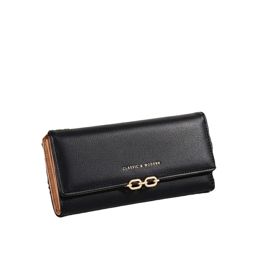 CLASSIC & MODERN Textured Leather Wallet with Gold Chain Link Accent 🖤✨👜