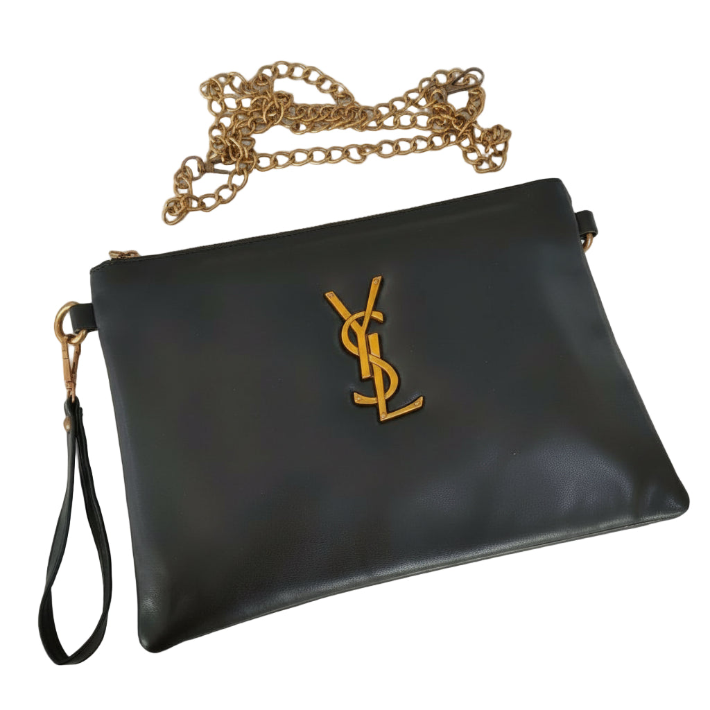 Black Pouch Clutch with Gold-Tone Logo & Chain Strap ⚫✨⛓️