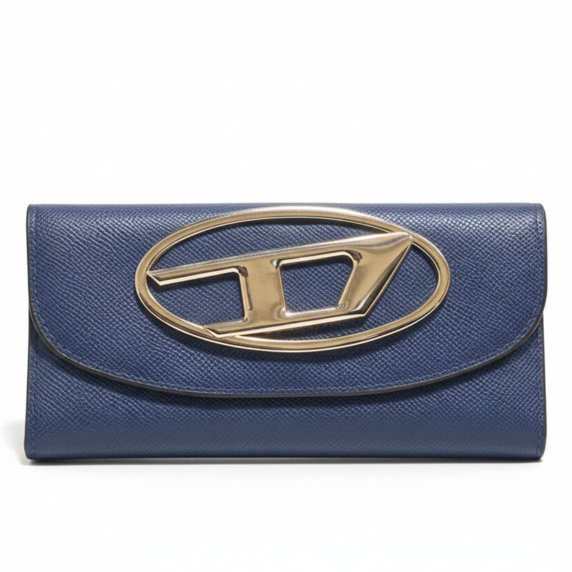 Diesel Blue Saffiano Leather Long Wallet with Gold Logo Plaque 💙👜✨