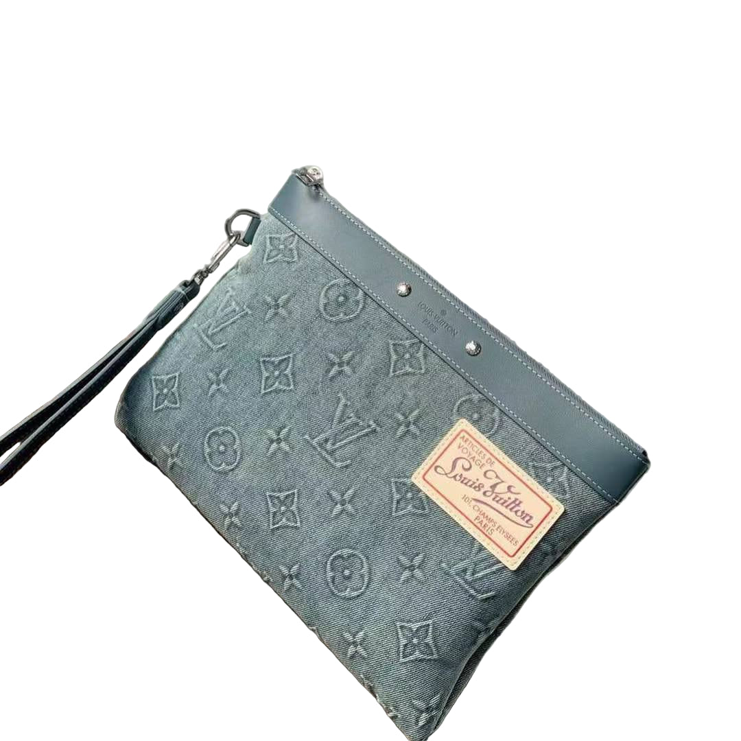 Louis Vuitton Monogram Denim Pochette Clutch Gray Blue 💎💙