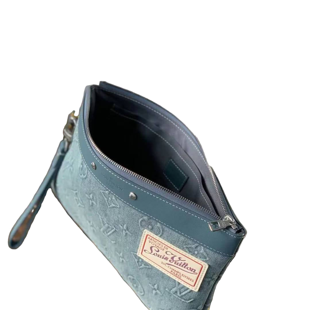 Louis Vuitton Monogram Denim Pochette Clutch Gray Blue 💎💙