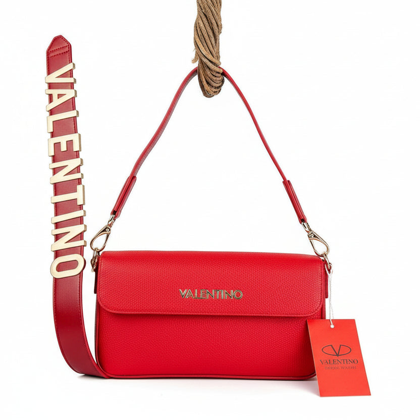 Valentino Red Pebbled Leather Crossbody with Bold Logo Strap 👜❤️✨