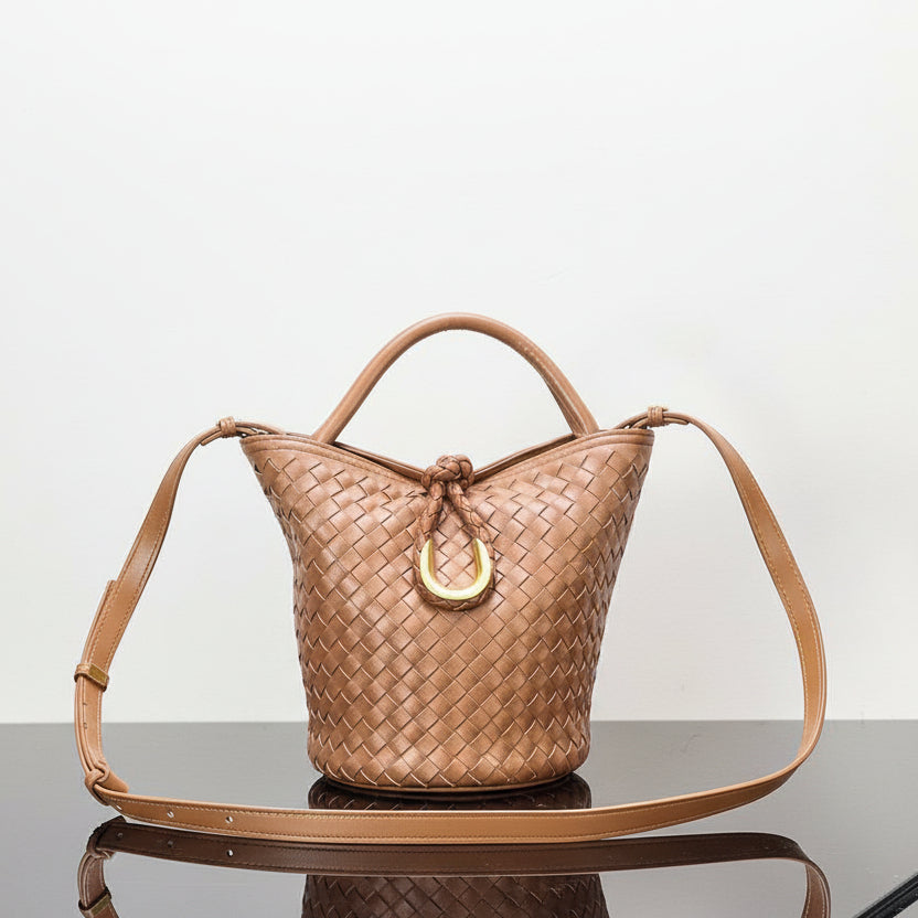 Woven Leather Bucket Bag with Gold Horseshoe Hardware 👜✨🤎